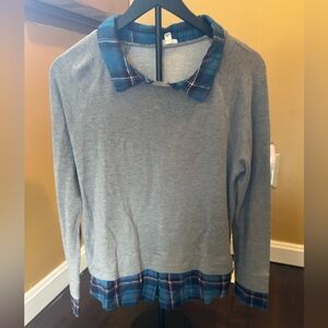 Soft Joie Gray Sweatshirt with Blue Plaid Trim